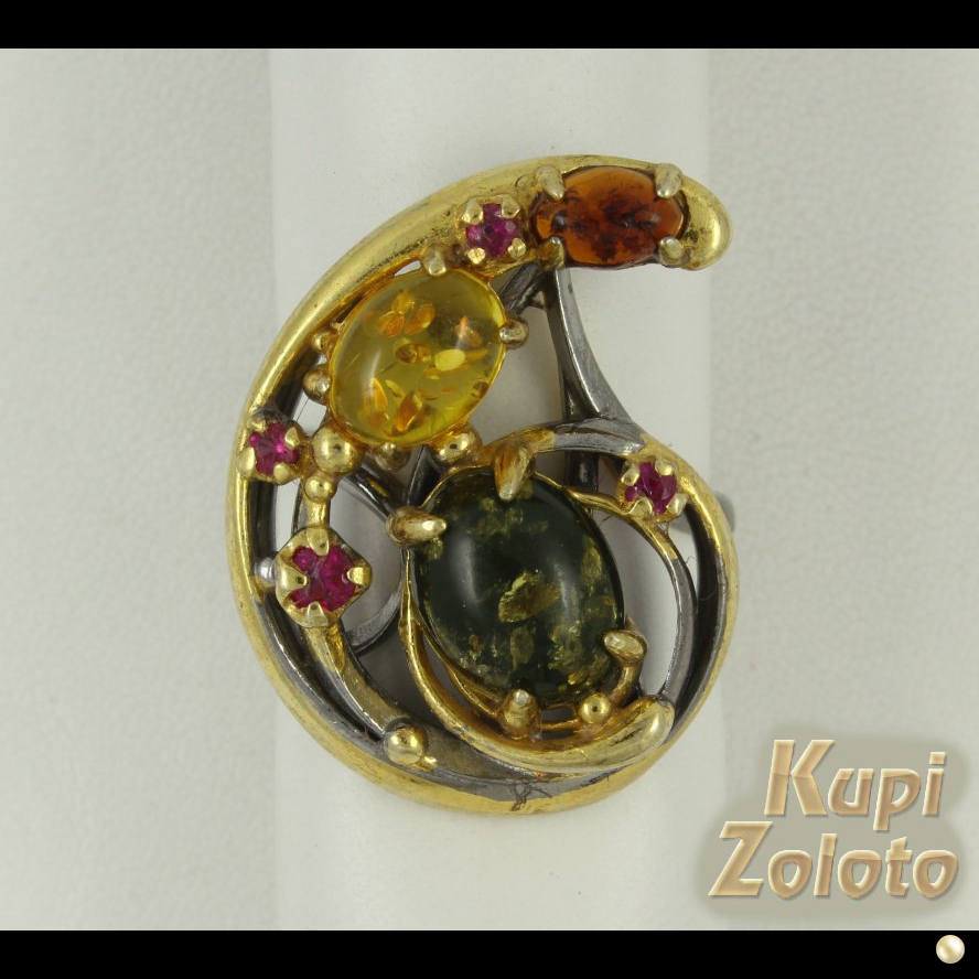 Кольцо из серебра с разноцветным янтарем