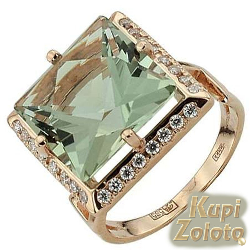 Золотое кольцо с квадратным зеленым аметистом