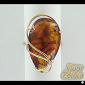 Золотой комплект  Перстень с янтарем в сочетании с изделием Золотые серьги с янтарем Фото