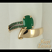 Золотой комплект Перстень  с зеленым агатом в сочетании с изделием Золотые серьги с зеленым агатом Фото