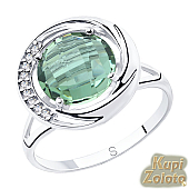 Серебряный комплект Перстень  с кварцем и фианитами в сочетании с изделием Серебряные серьги с зеленым кварцем Фото