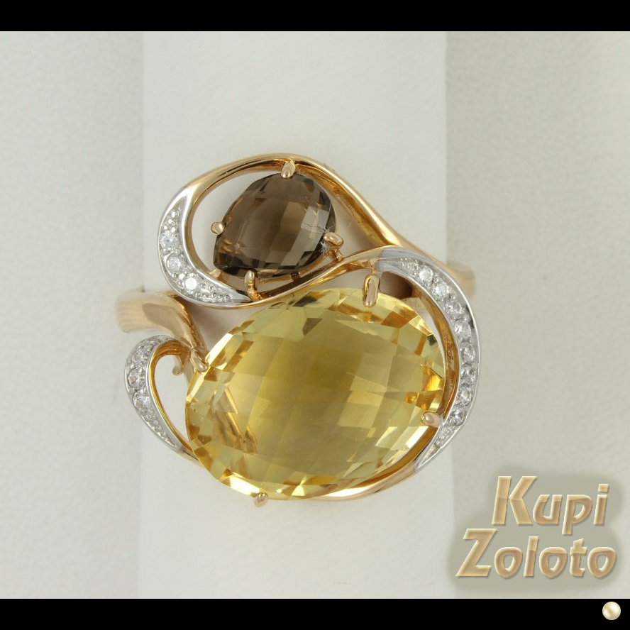 Золотое кольцо с цитрином, раухтопазом и фианитами