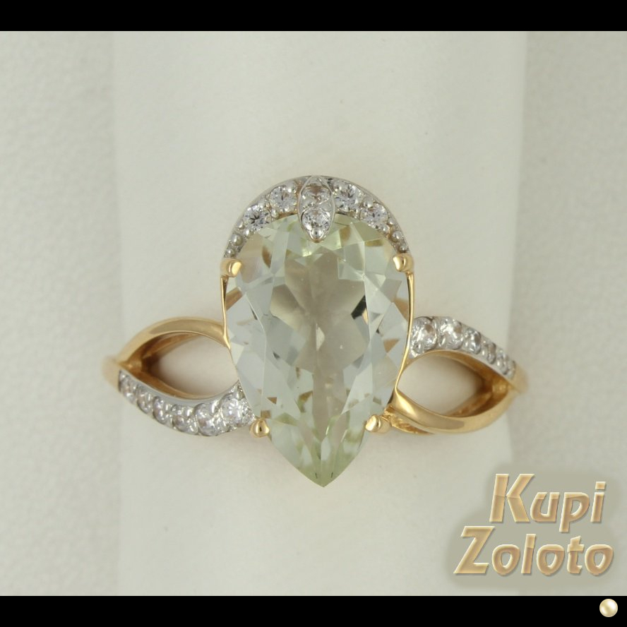 Золотое кольцо с зеленым аметистом и фианитами