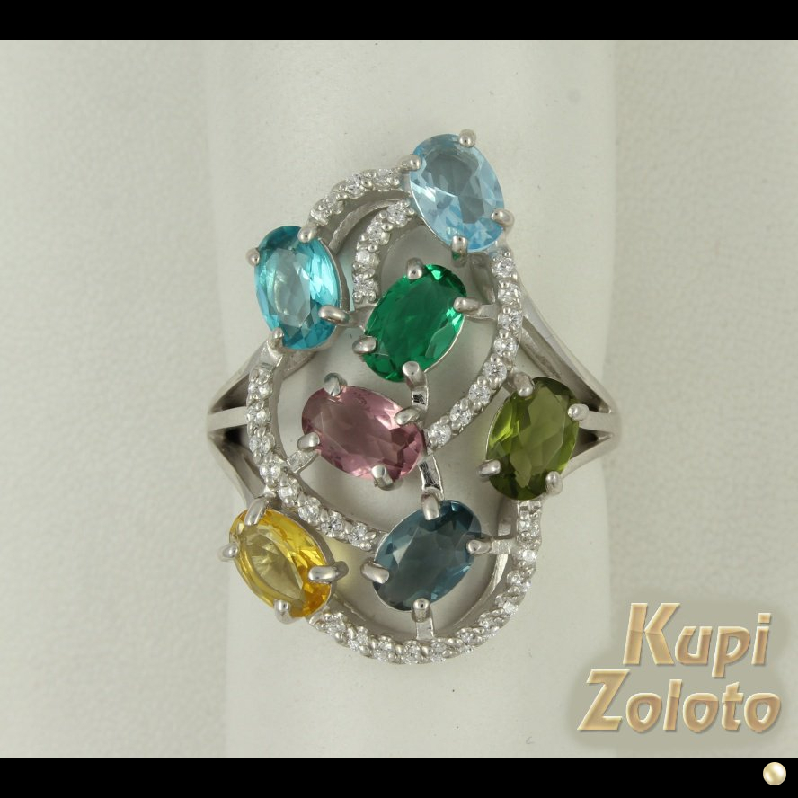 Кольцо из серебра с россыпью разноцветнрого кварца