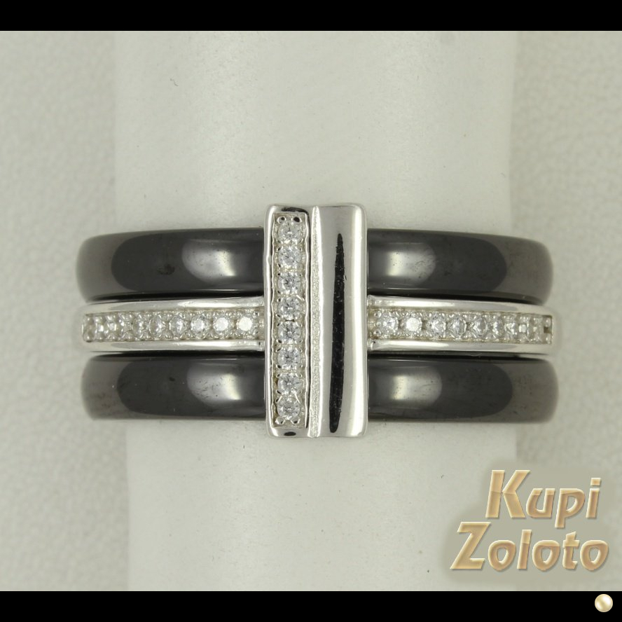 Серебряное кольцо с черной керамикой и фианитами