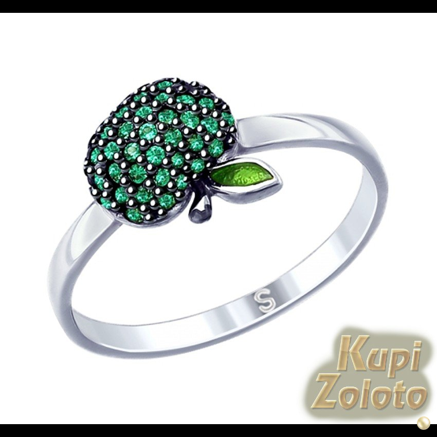 Кольцо из серебра с зелеными фианитами "Яблочко"