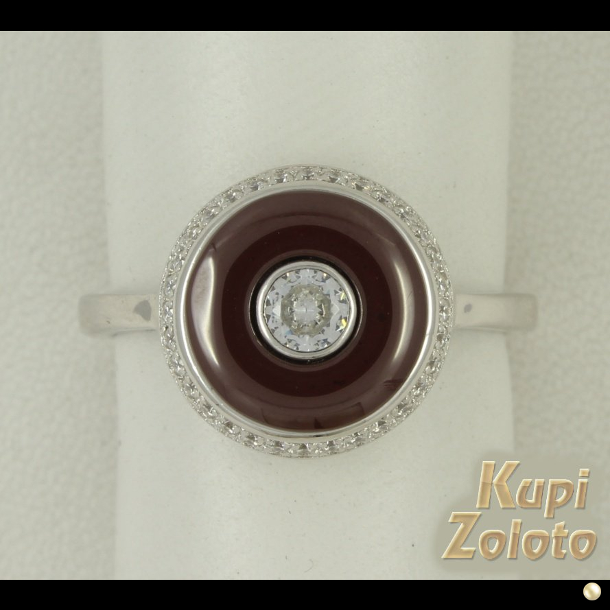 Серебряное кольцо со вставкой из коричневой керамики и фианитами