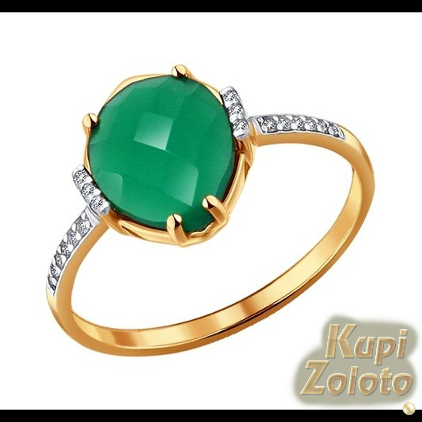 Золотое кольцо с зеленым агатом и фианитами