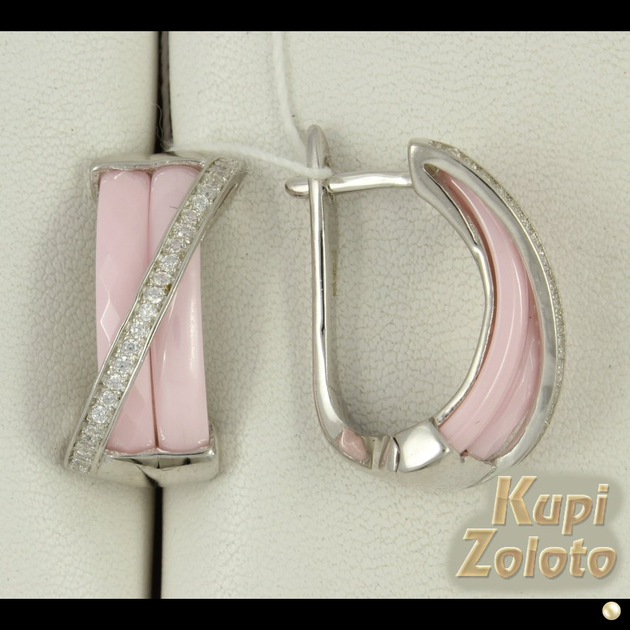 Серебряные серьги из розовой керамики с фианитами