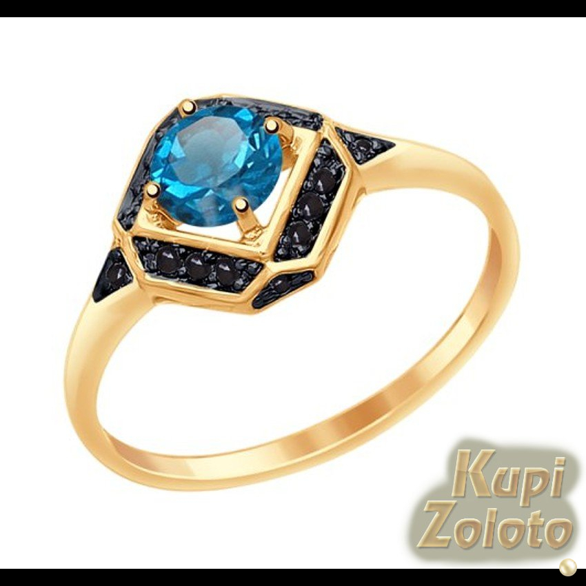 Кольцо из золота с синим топазом и чёрными фианитами
