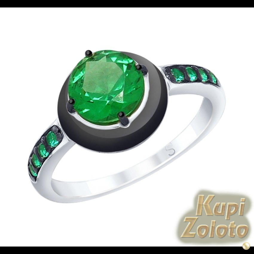 Кольцо из серебра с эмалью с зелёным ситаллом и зелеными фианитами