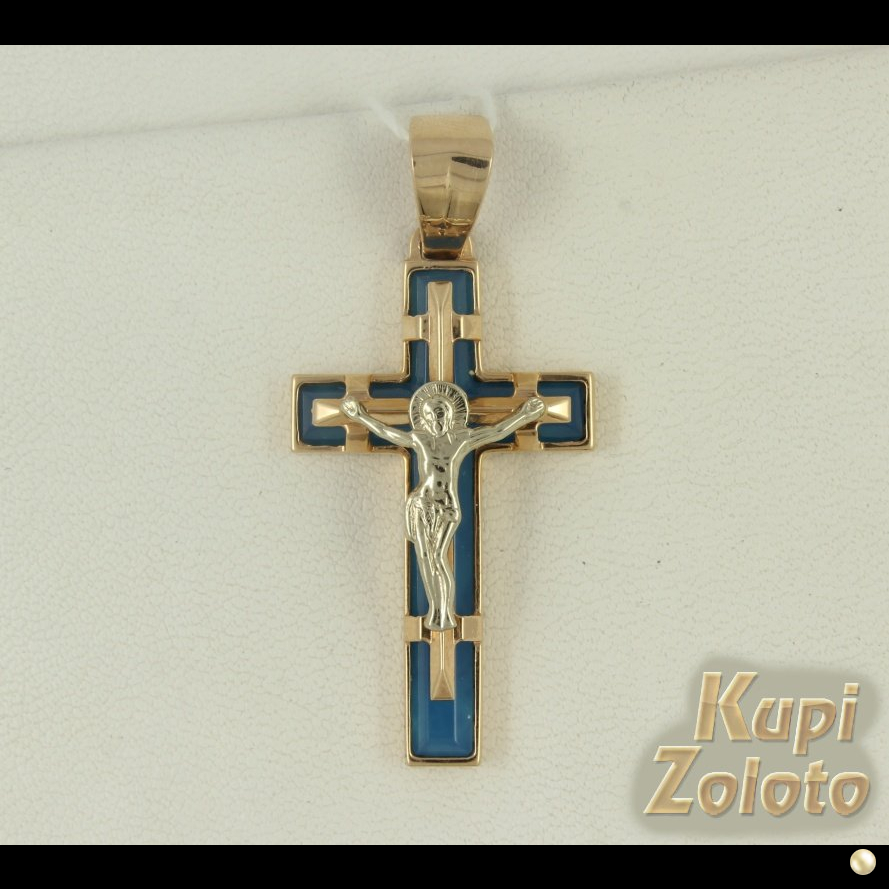 Кулон крест из комбинированного золота с голубым агатом