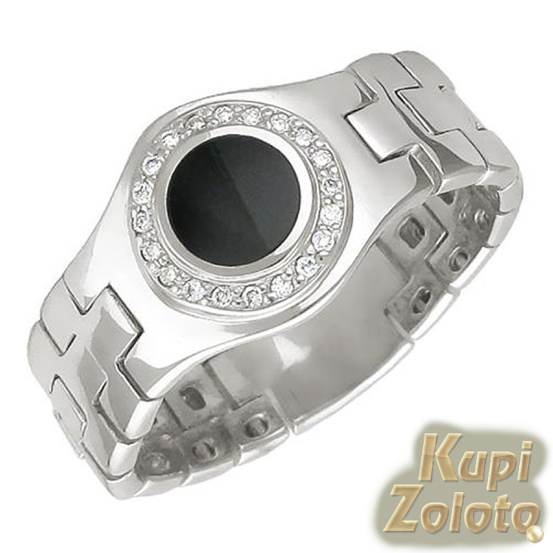 Мужское кольцо из белого золота с бриллиантами и черным ониксом