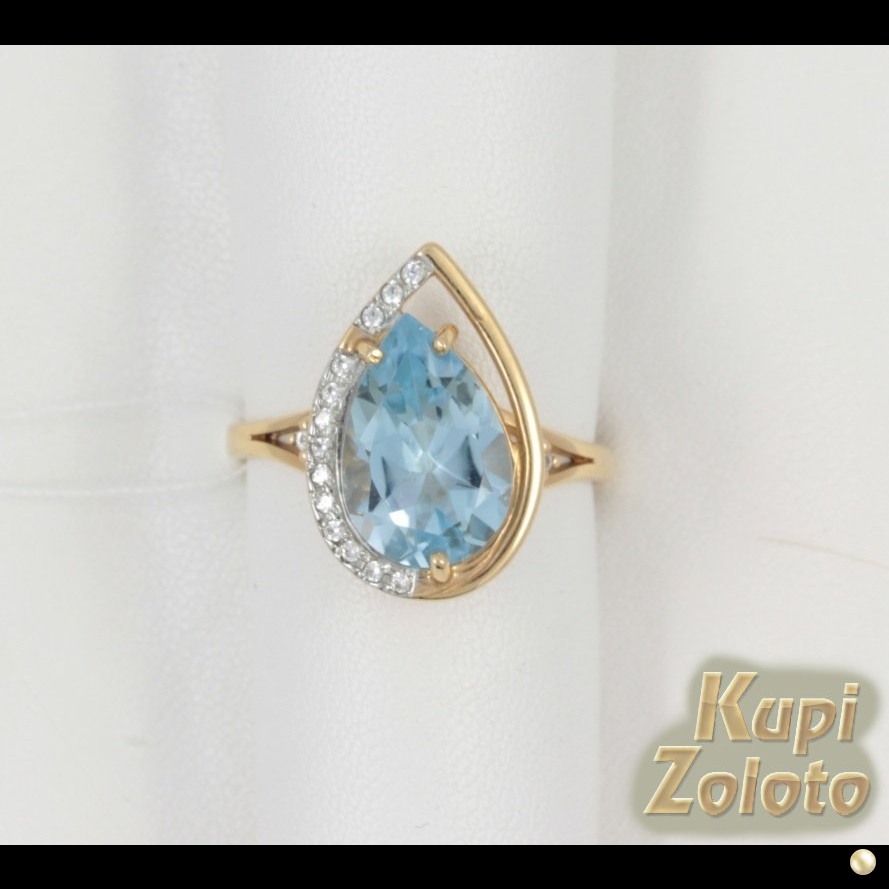 Женское золотое кольцо с голубым топазом и фианитами