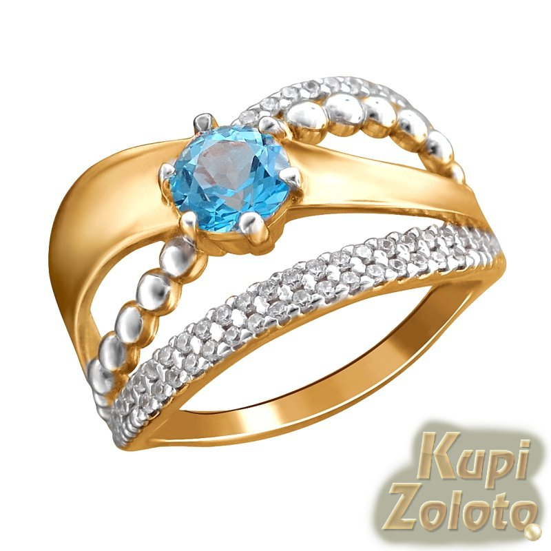 Золоченое кольцо из серебра с голубым фианитом