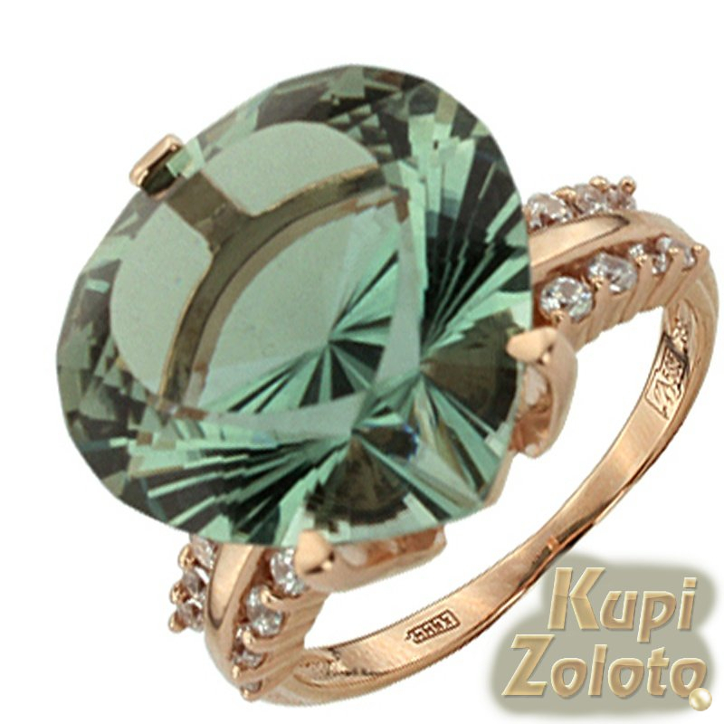 Золотое кольцо с зеленым аметистом в форме сердца