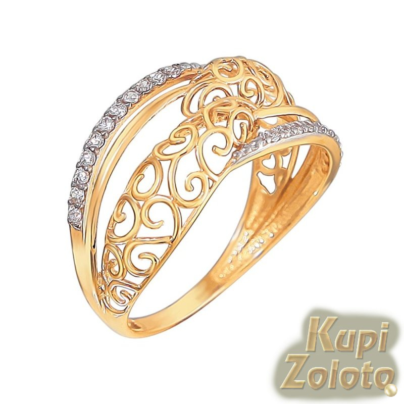 Ажурное золотое кольцо с фианитами